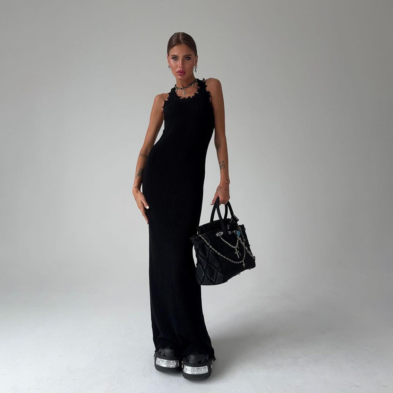 Sleeveless Knitted Maxi Dress with Raw-Edge Details - Black