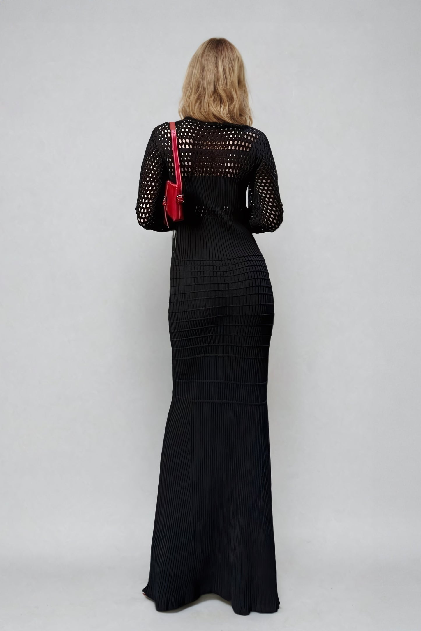 Hollow-Out Knitted Maxi Dress - Black