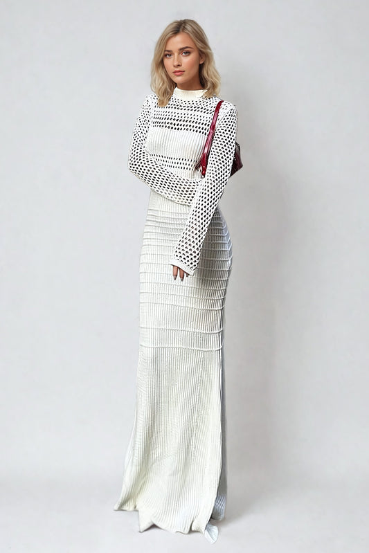 Hollow-Out Knitted Maxi Dress - White