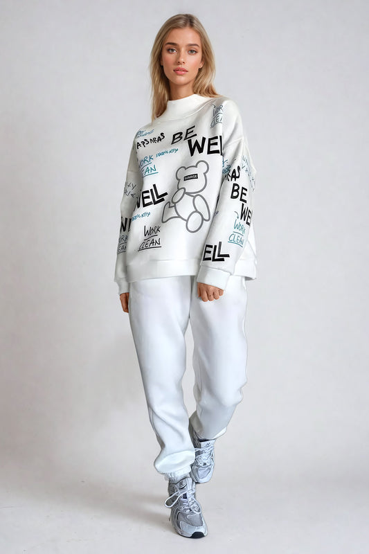 Graphic Print Oversized Sweatshirt and Sweatpants Co-Ord Set - White