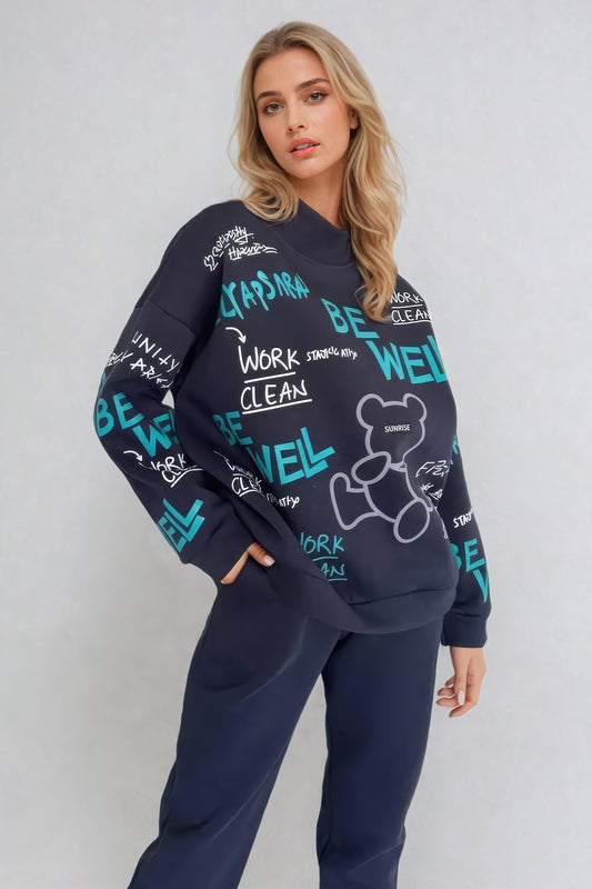 Graphic Print Oversized Sweatshirt and Sweatpants Co-Ord Set - Blue