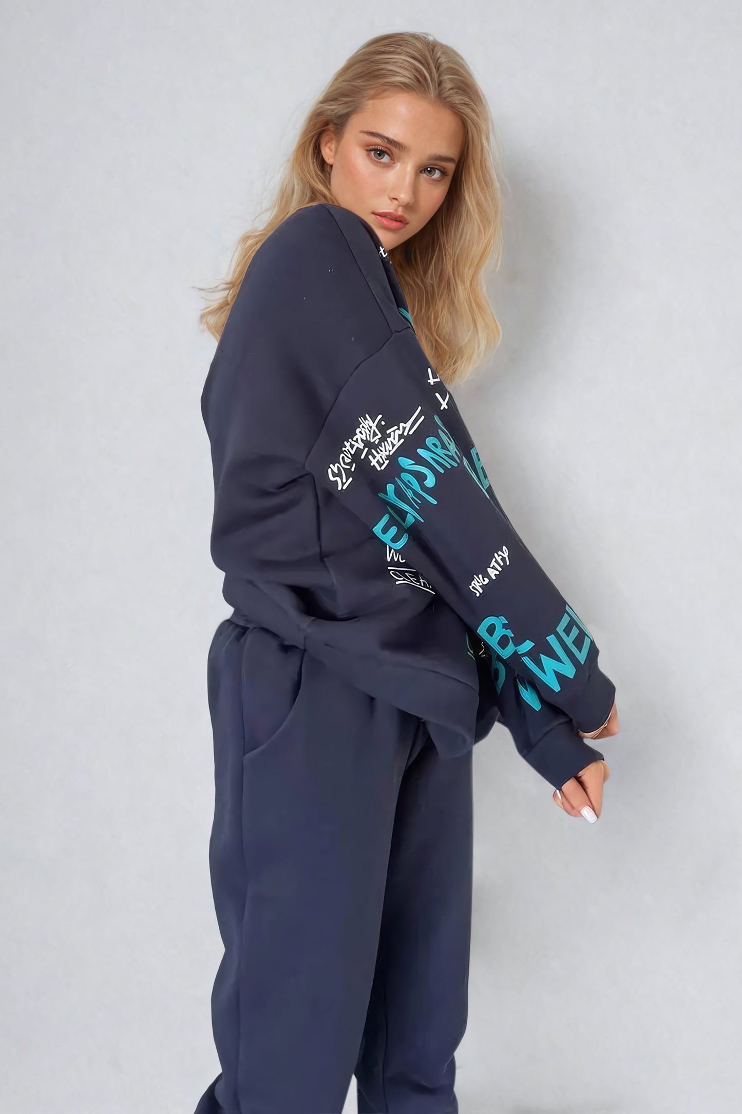 Graphic Print Oversized Sweatshirt and Sweatpants Co-Ord Set - Blue