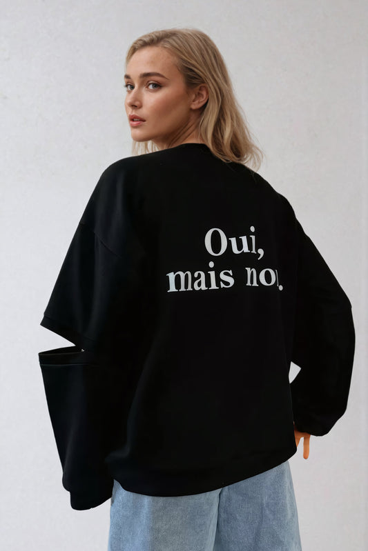 Cut-Out Sleeve Sweatshirt with Text Graphic Back - Black