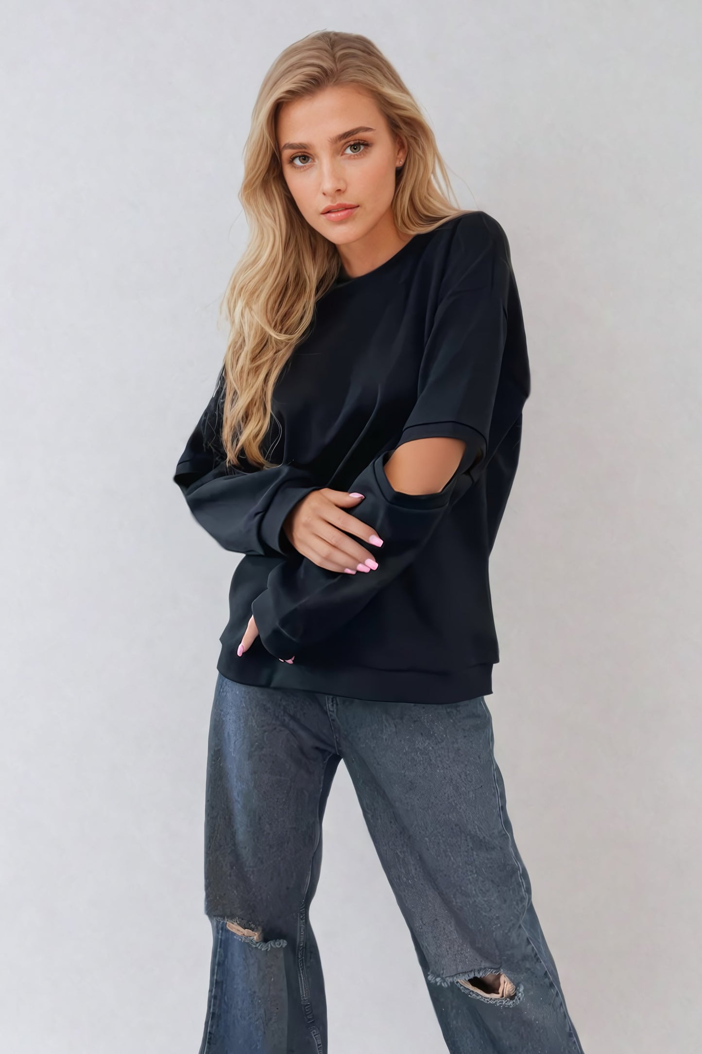 Cut-Out Sleeve Sweatshirt with Text Graphic Back - Black