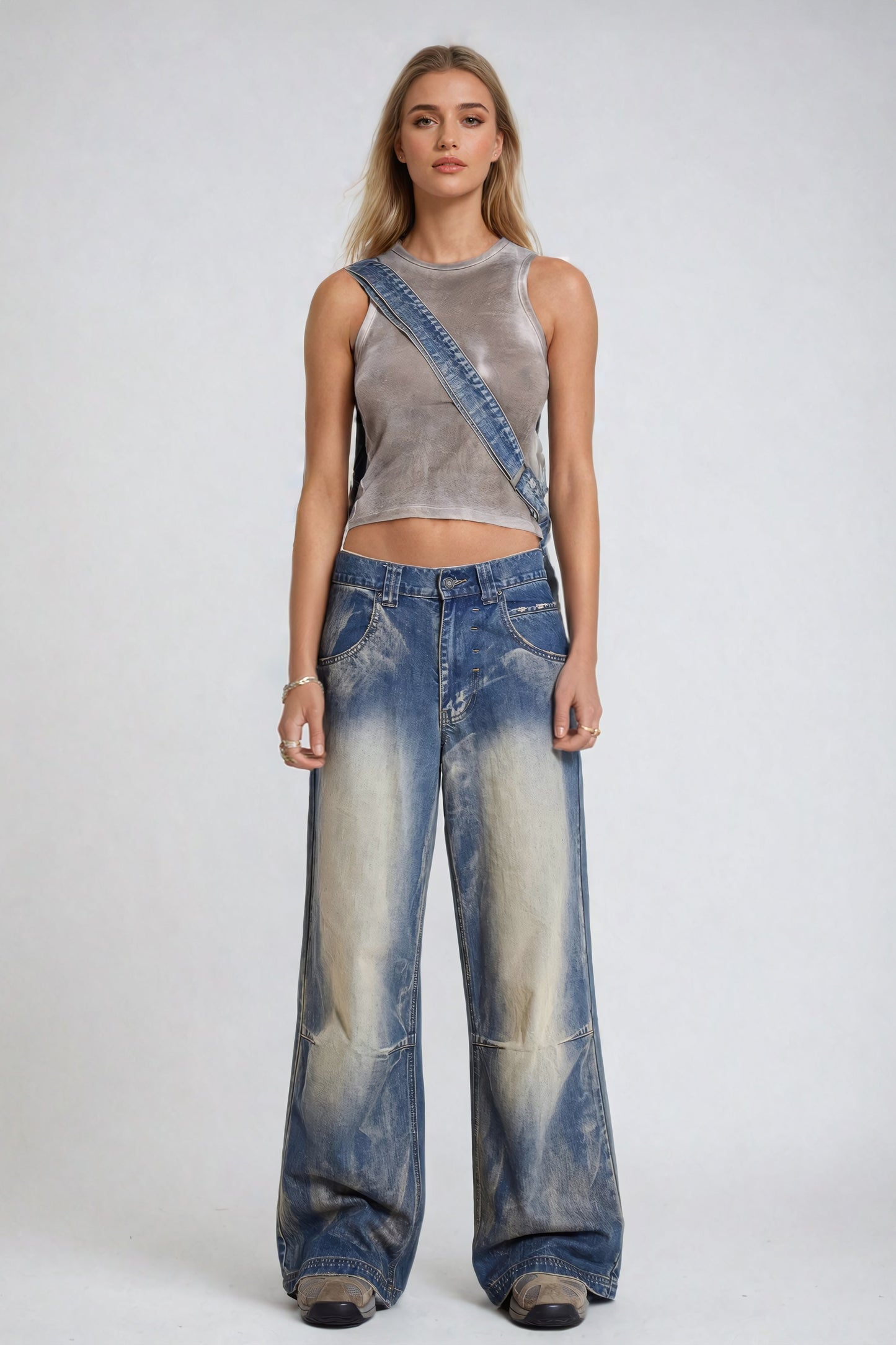 Wide-Leg Jeans with Printed Wing Design - Blue