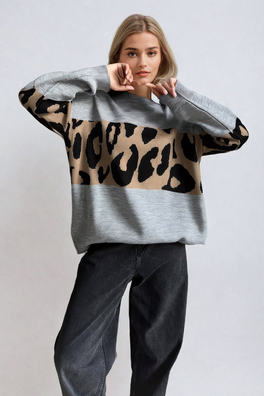 Oversized Leopard Print Sweater with Ribbed Trim - Gray