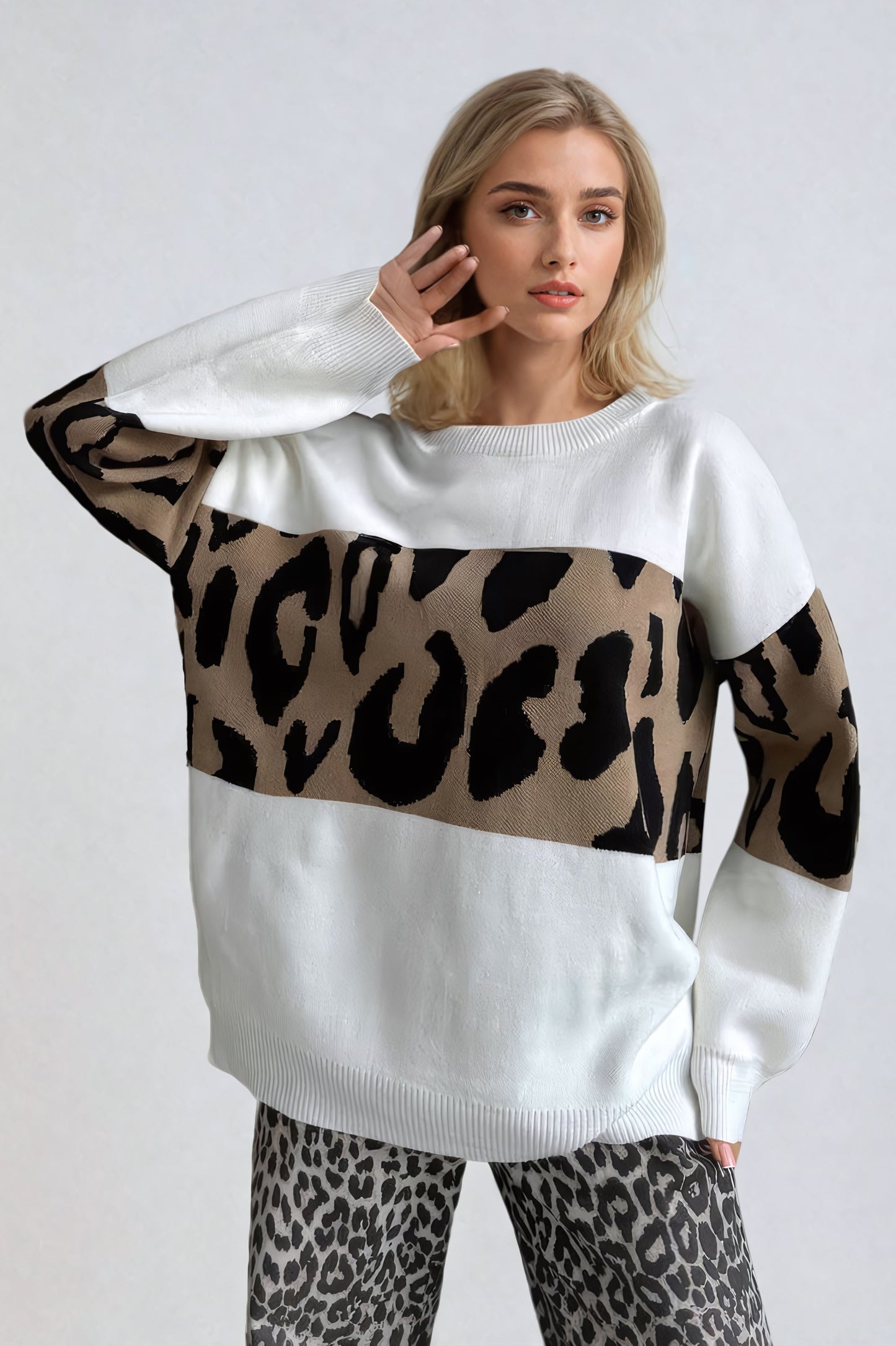 Oversized Leopard Print Sweater with Ribbed Trim - White