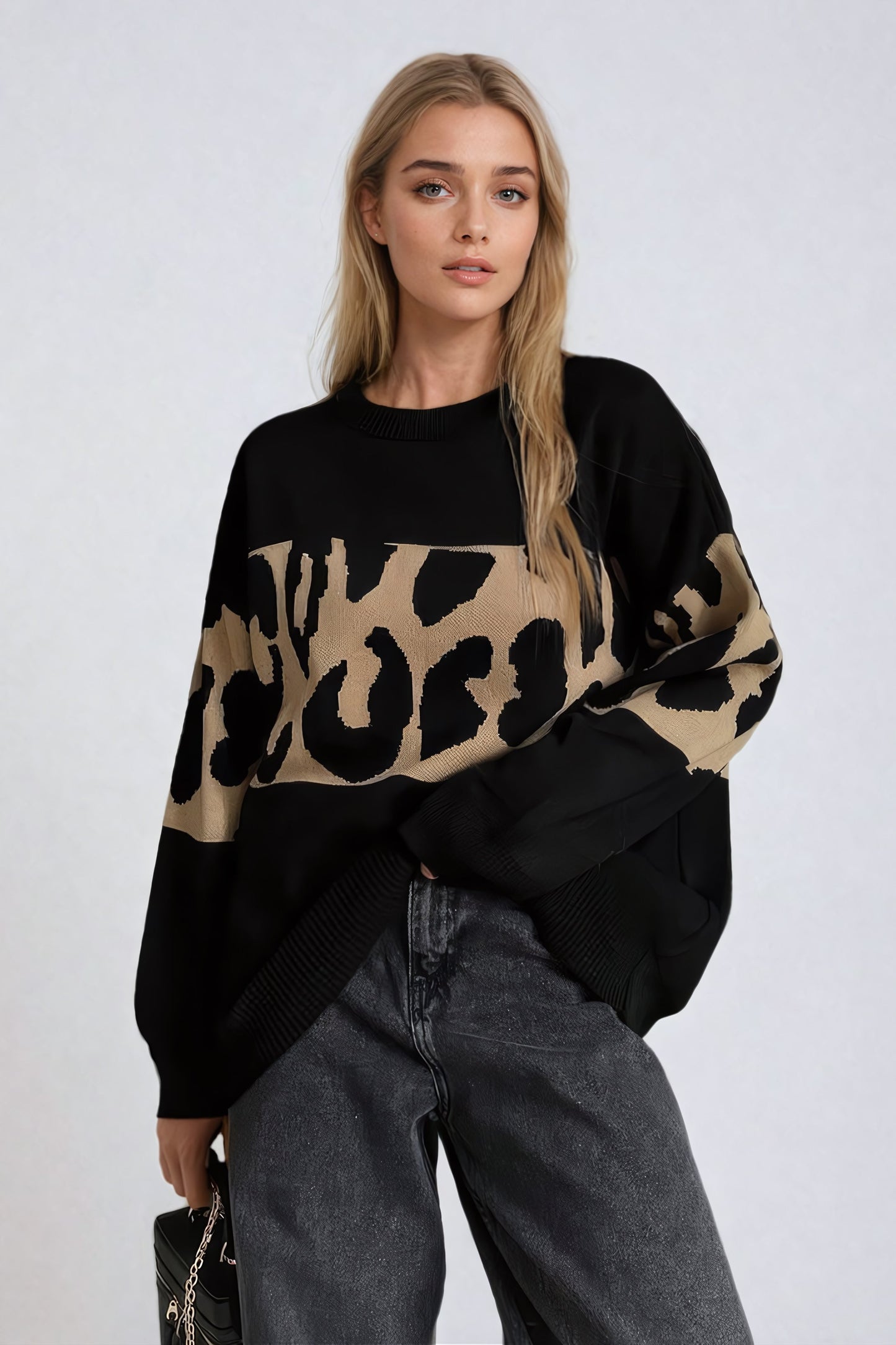 Oversized Leopard Print Sweater with Ribbed Trim - Black