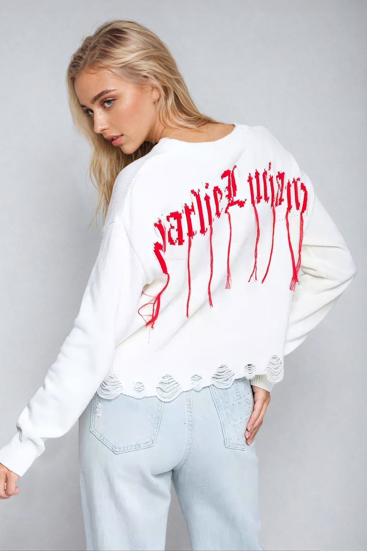 Cropped Tattered Sweater with Heart Detail - White