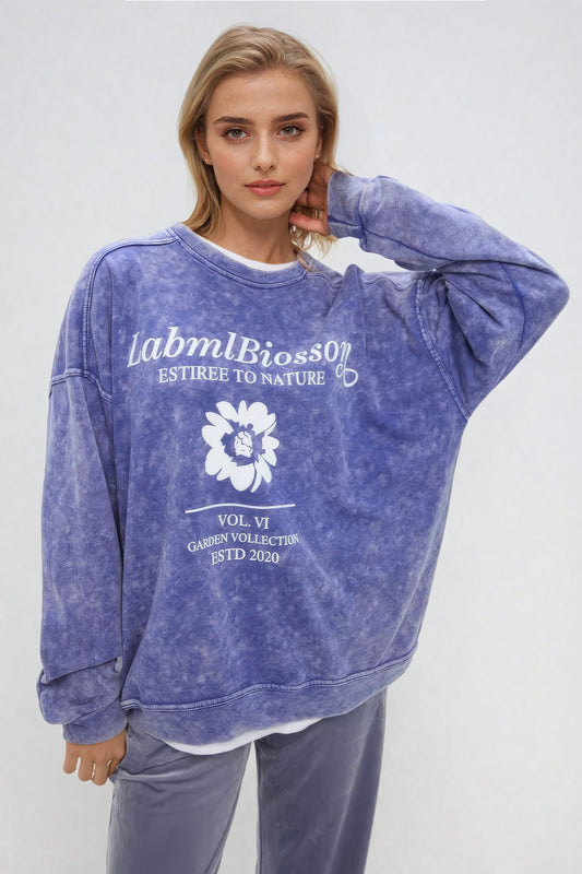 Graphic Print Oversized Crewneck Sweatshirt - Purple