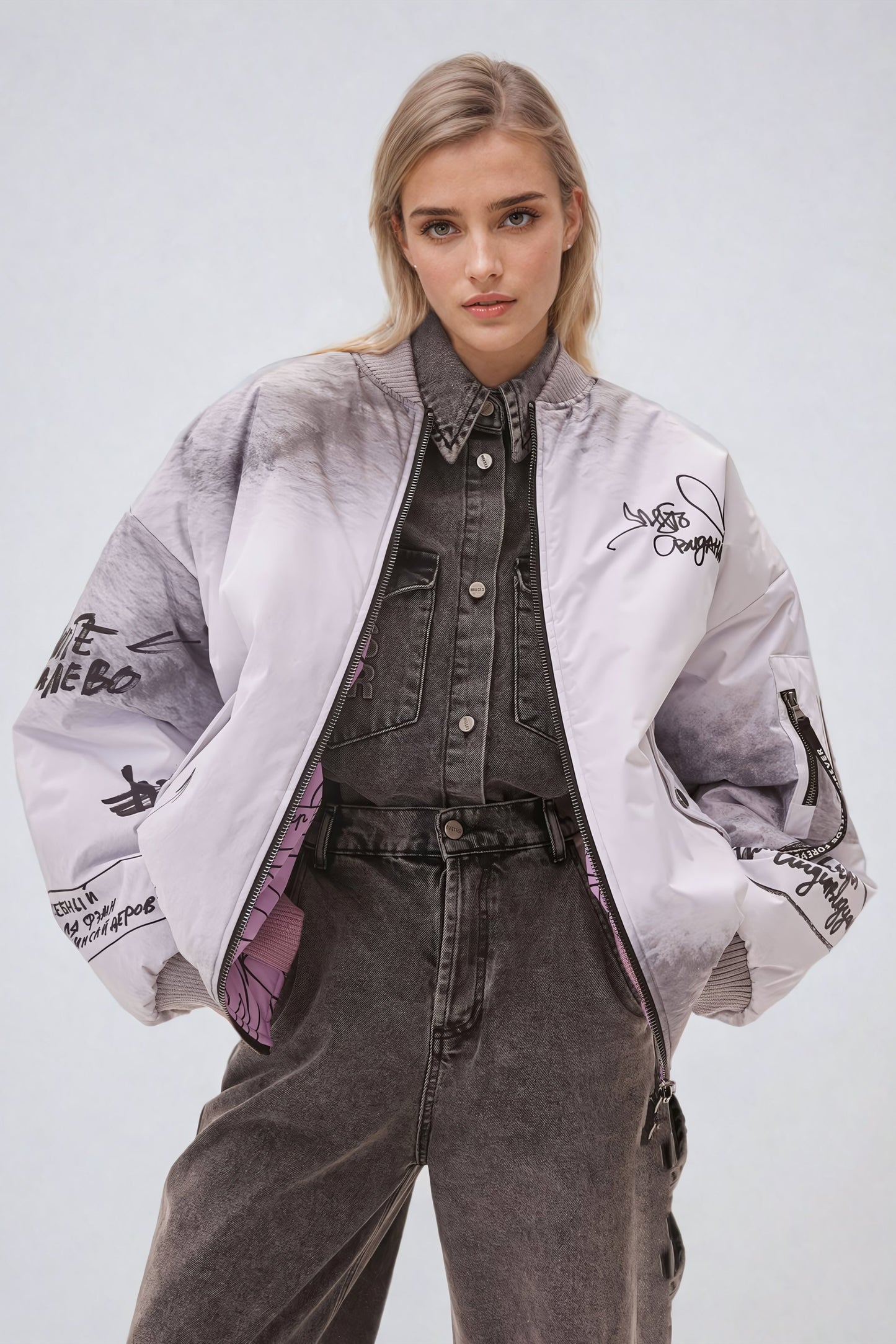 Graffiti Print Oversized Jacket - Gray