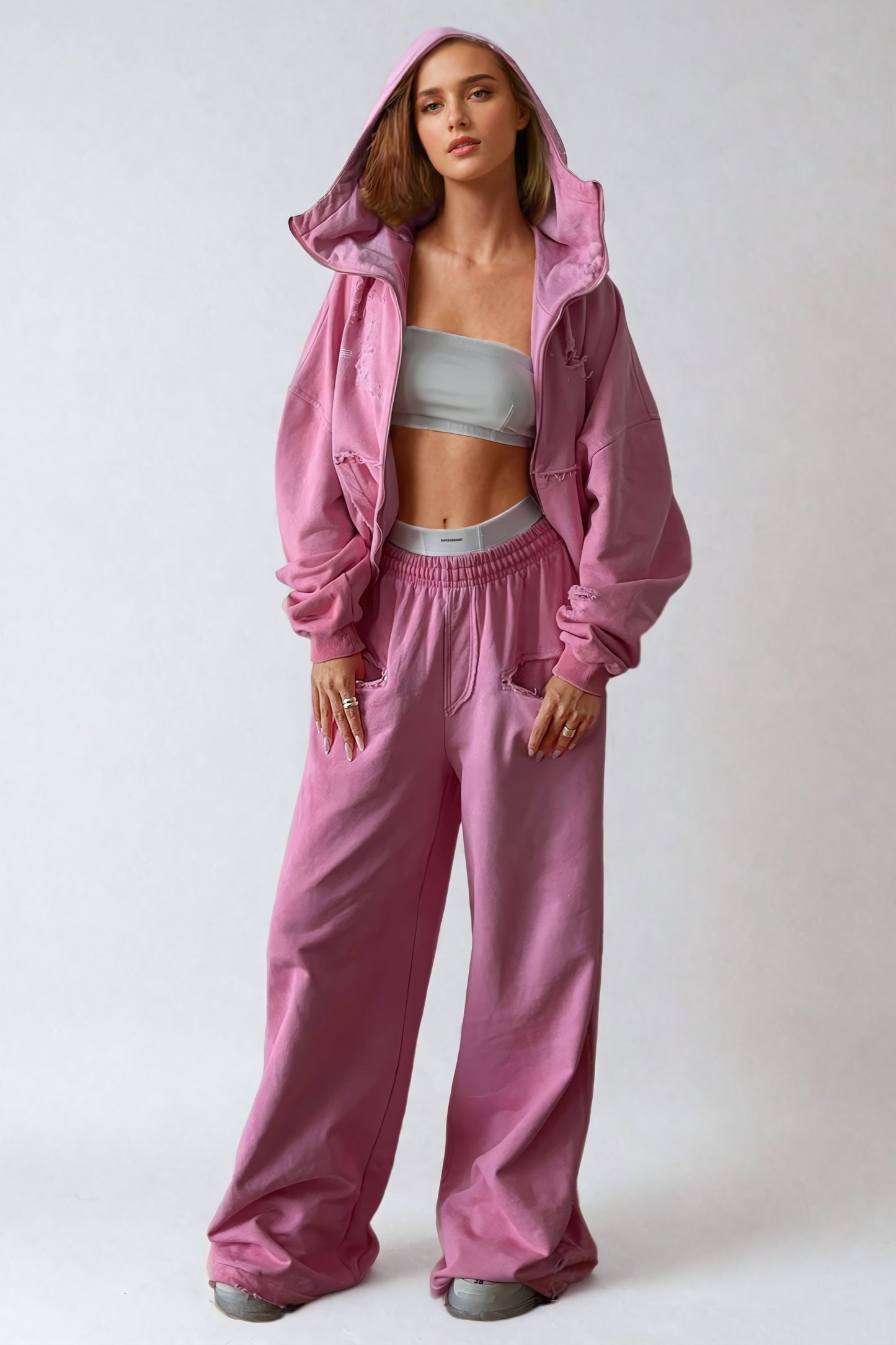 Two-Piece Set with Distressed Oversized Hoodie and Wide-Leg Sweatpants - Pink