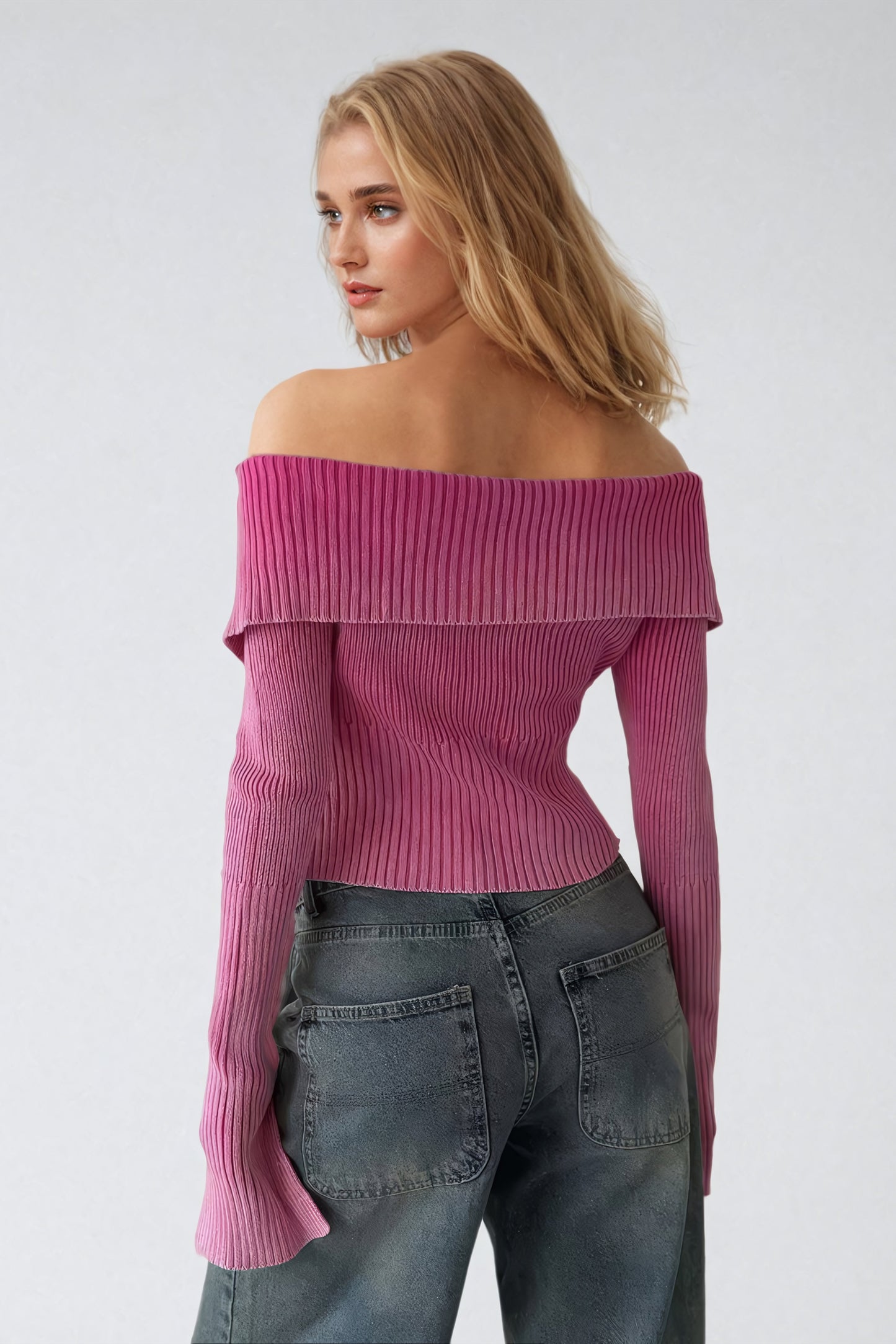 Off-Shoulder Ribbed Knit Sweater - Pink