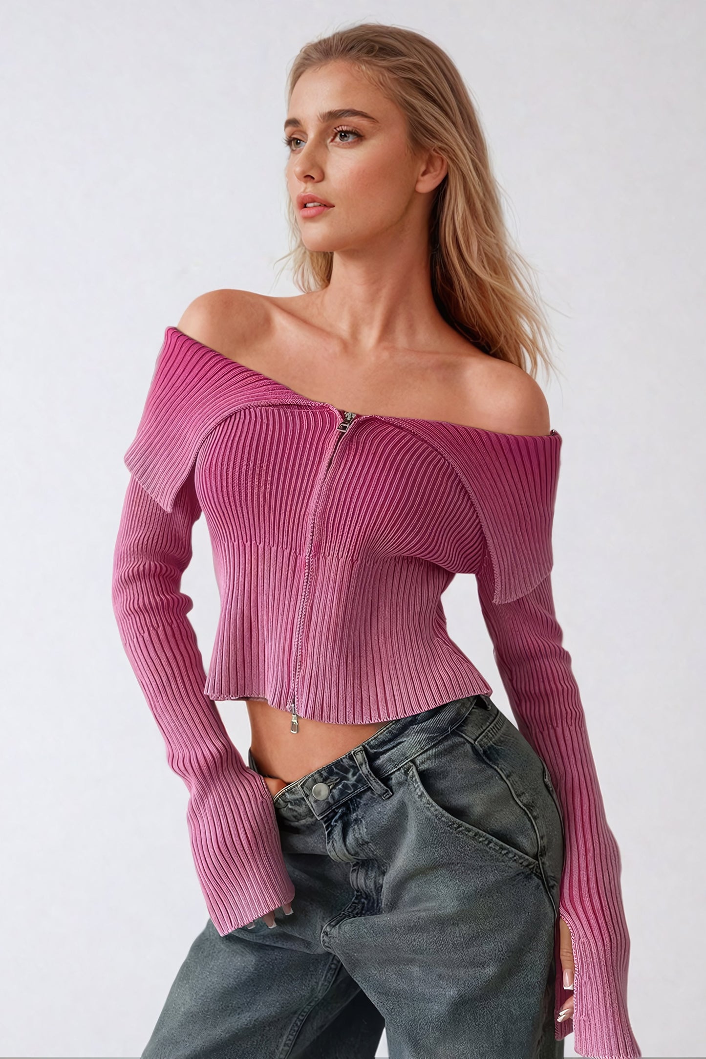 Off-Shoulder Ribbed Knit Sweater - Pink