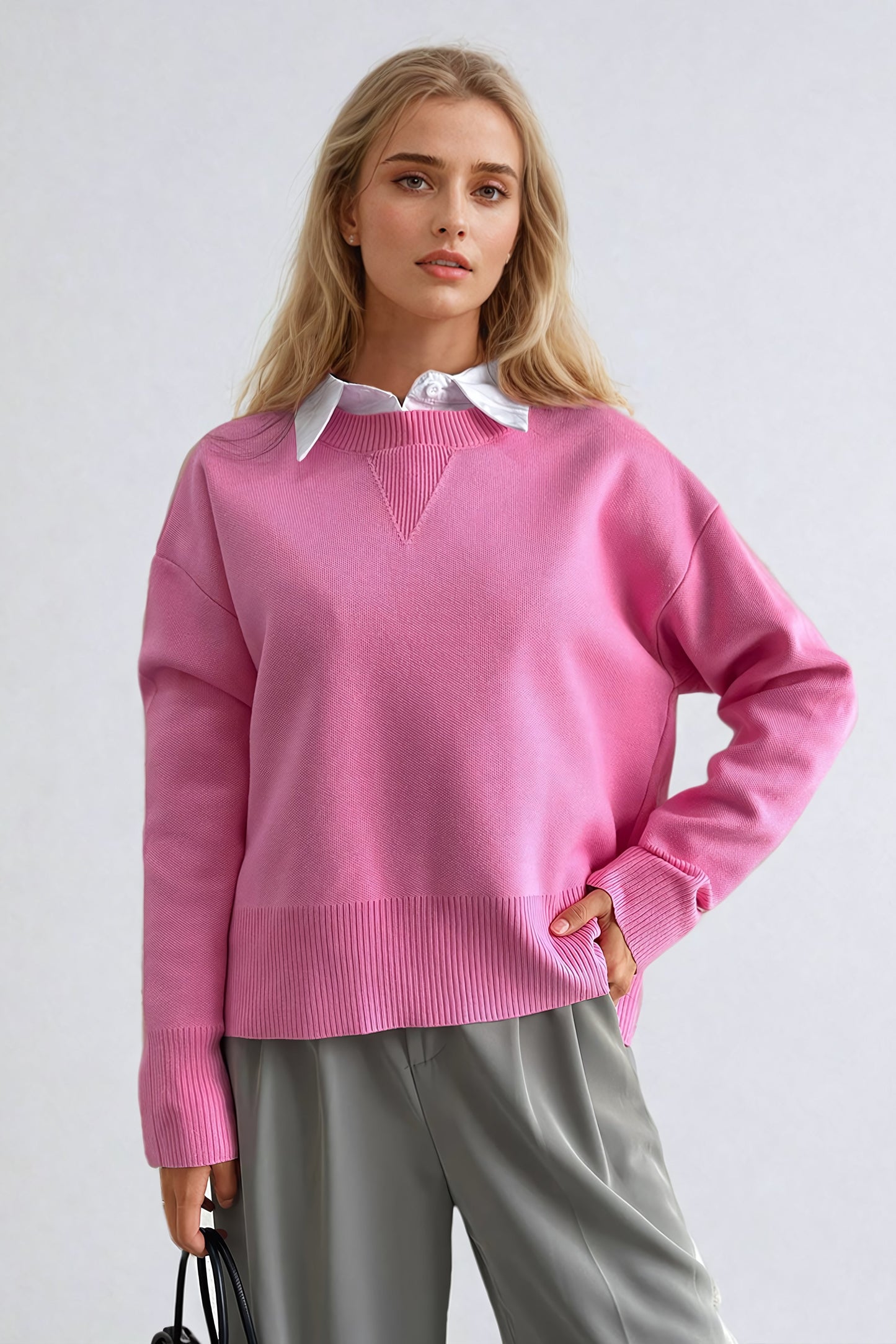 Knitted Sweater with Ribbed Hemline - Pink