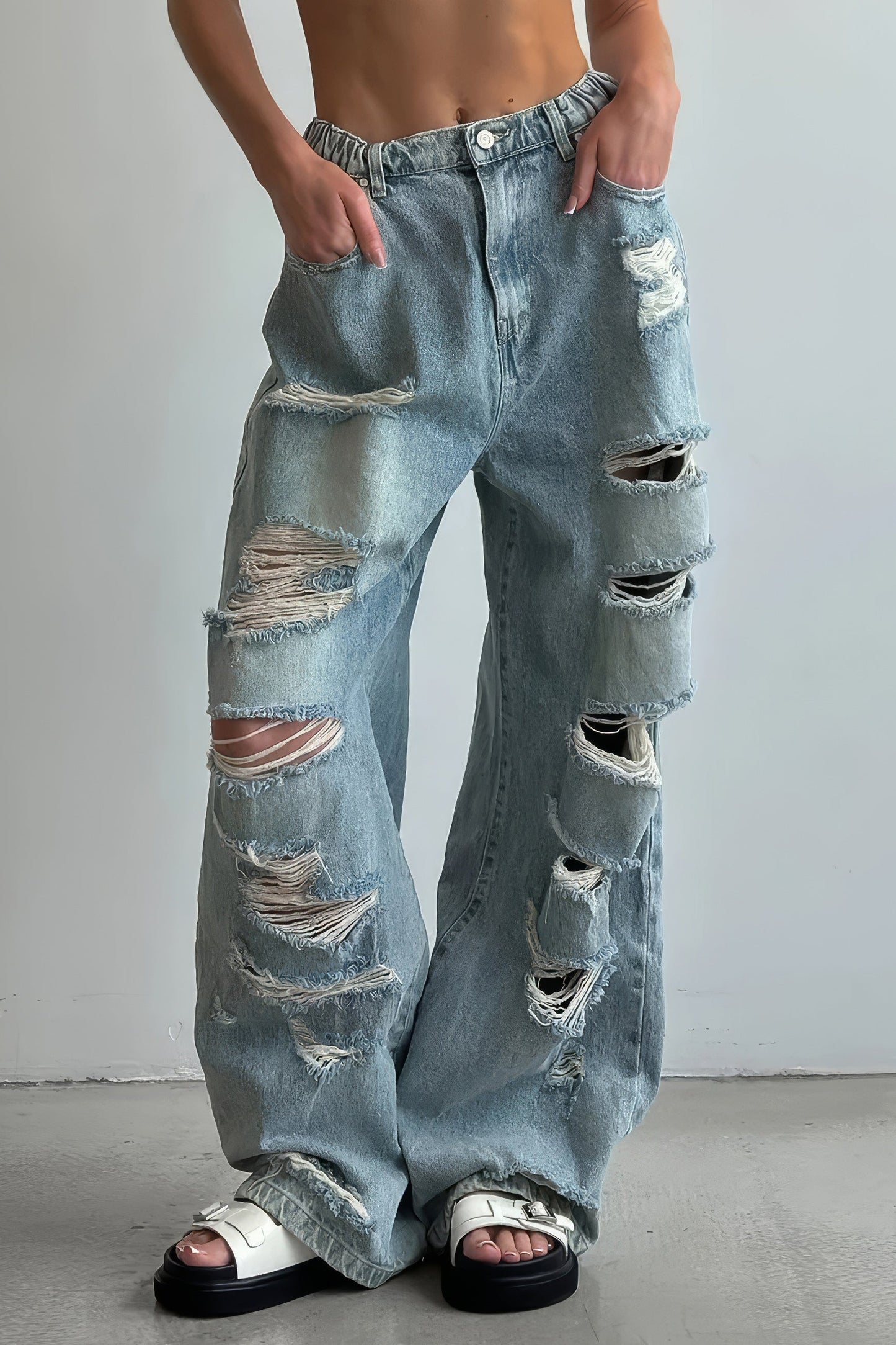 Distressed High-Waisted Ripped Jeans - Blue