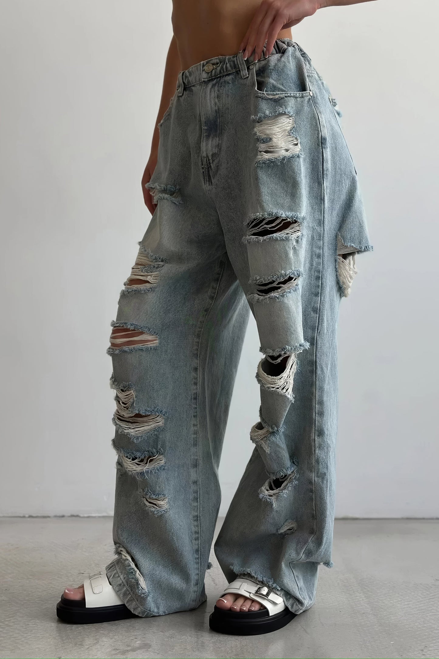 Distressed High-Waisted Ripped Jeans - Blue