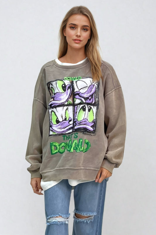 Oversized Graphic Sweatshirt with Donald Character Print - Beige