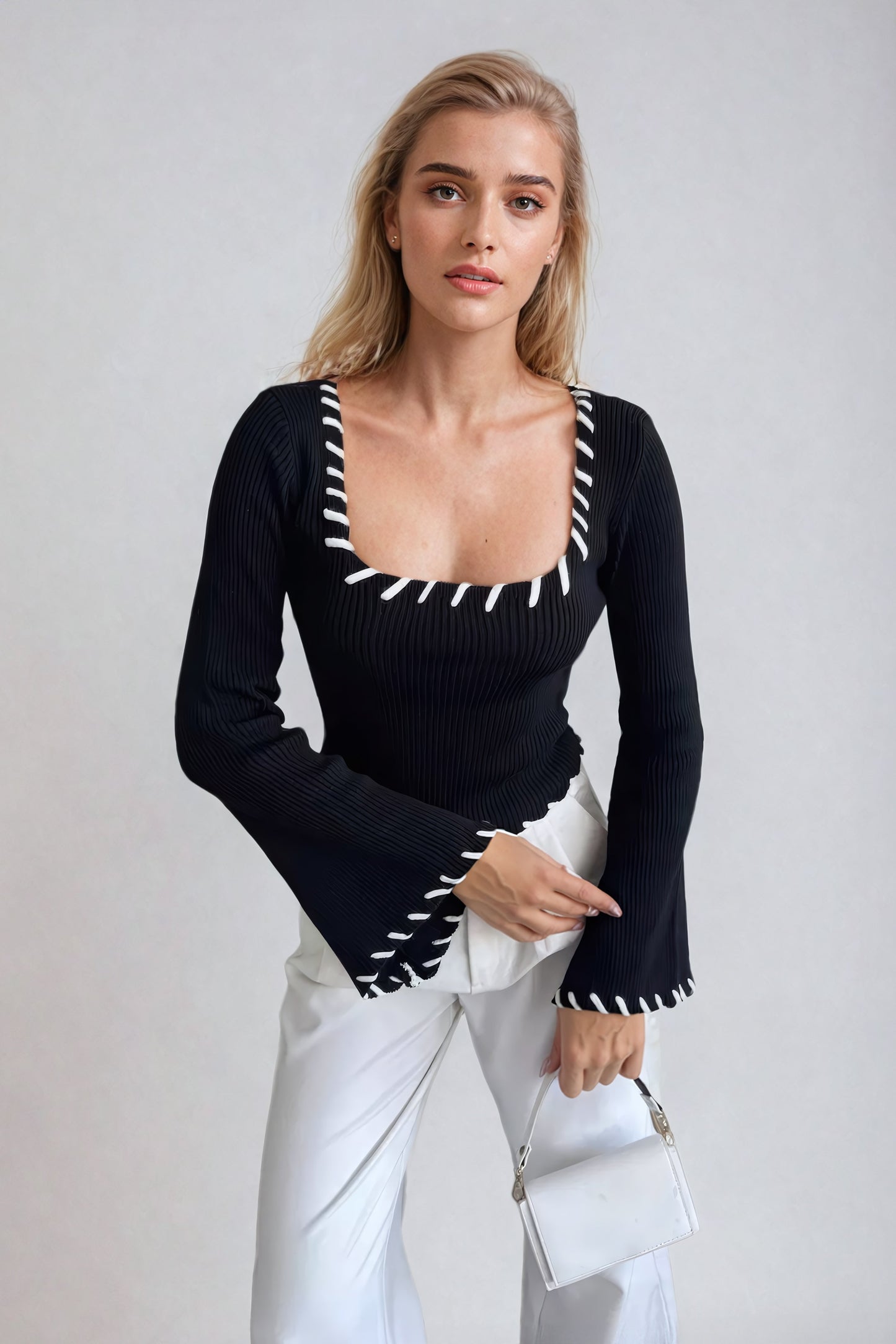 Flared Sleeve Knitted Top with Stitching Accent - Black