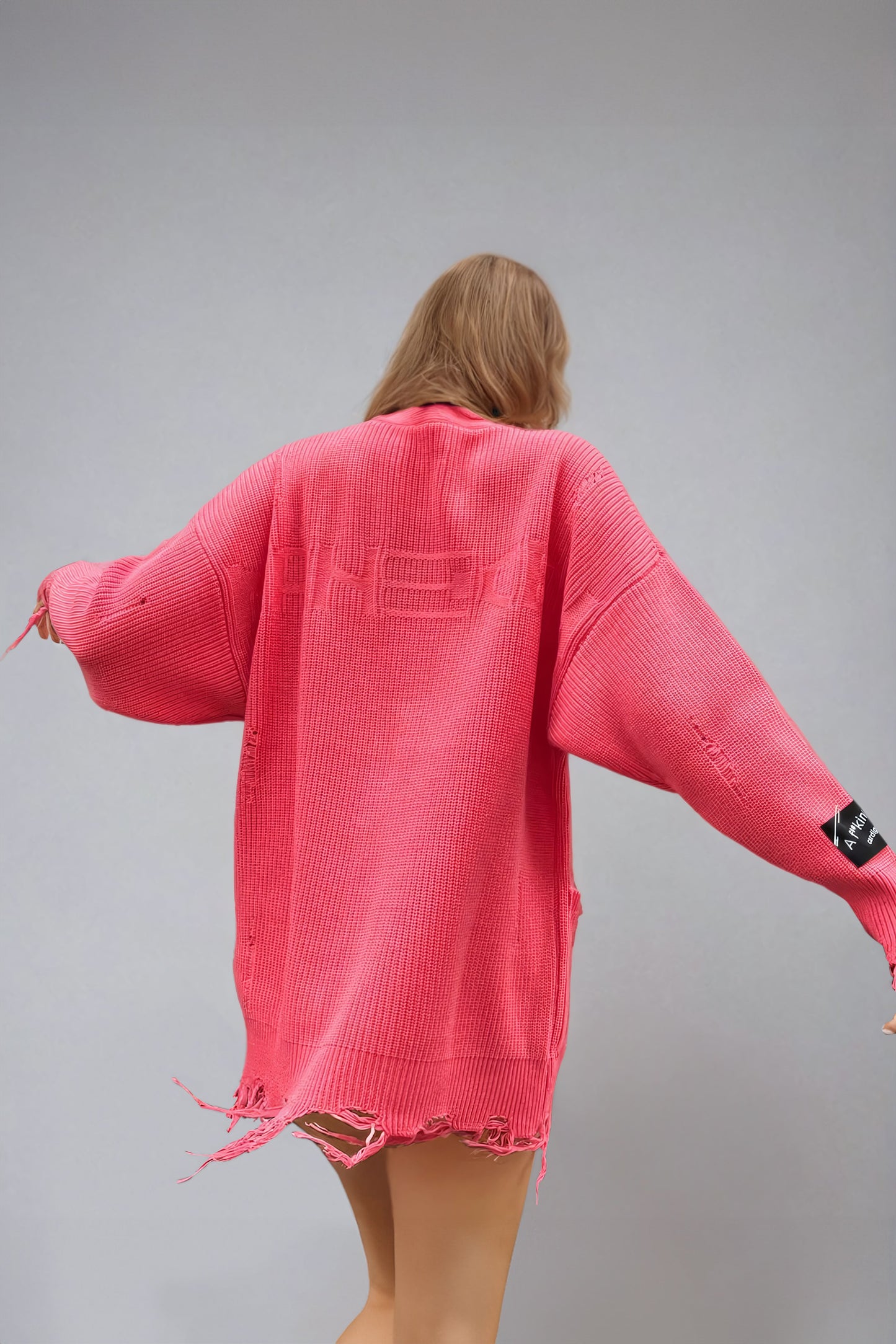 Knitted Distressed Button-Up Cardigan with Frayed Hem - Pink