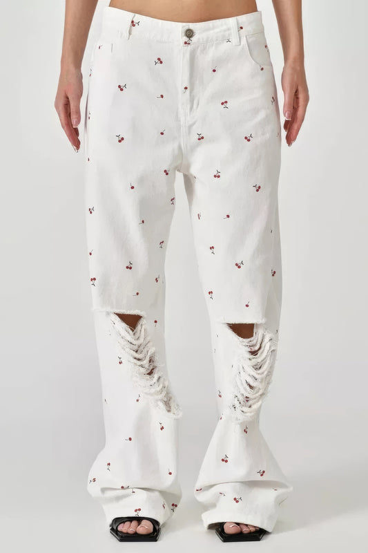 Distressed Wide-Leg Jeans with Cherry Print - White