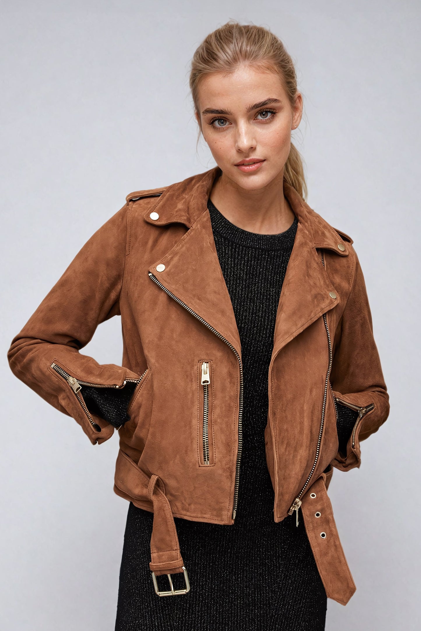 Tailored Leather Jacket with Zip Detailing - Brown