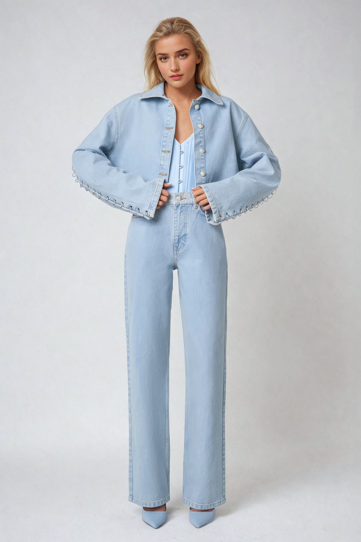 Corset Top with Cropped Denim Jacket and High-Waisted Jeans Co-Ord Set - Blue