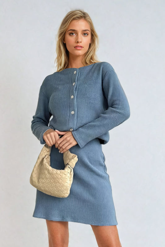 Two-Piece Set with Knitted Button-Up Sweater and Skirt - Blue