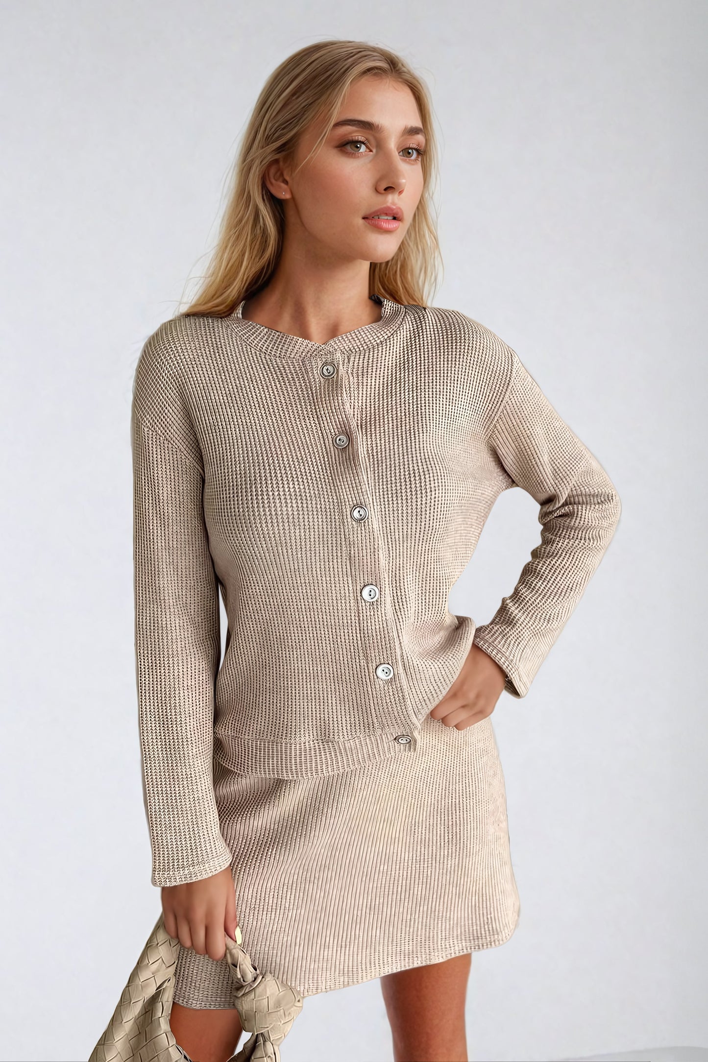 Two-Piece Set with Knitted Button-Up Sweater and Skirt - Beige