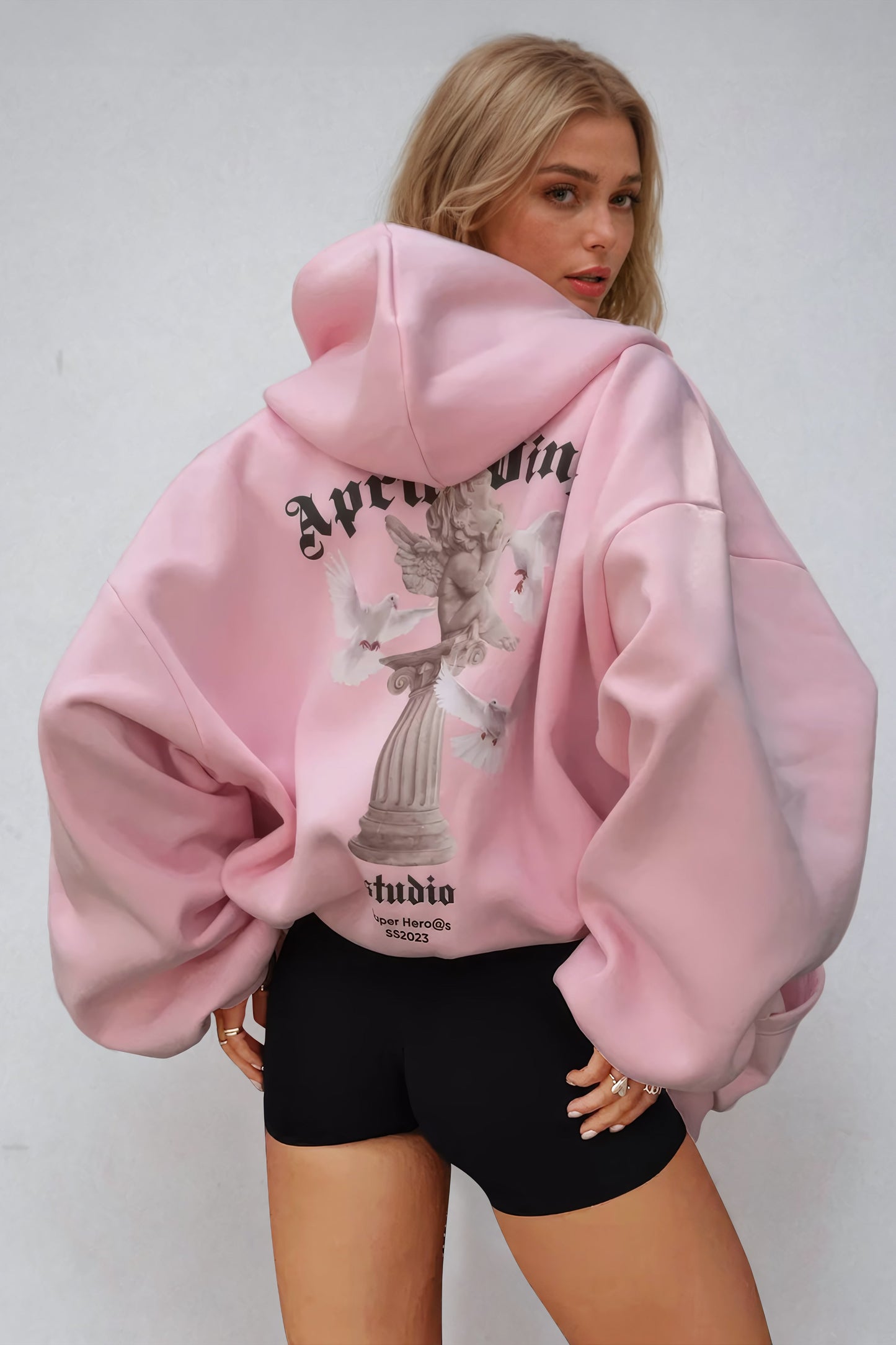 Oversized Hooded Jacket with Angelic Graphic Back Design - Pink