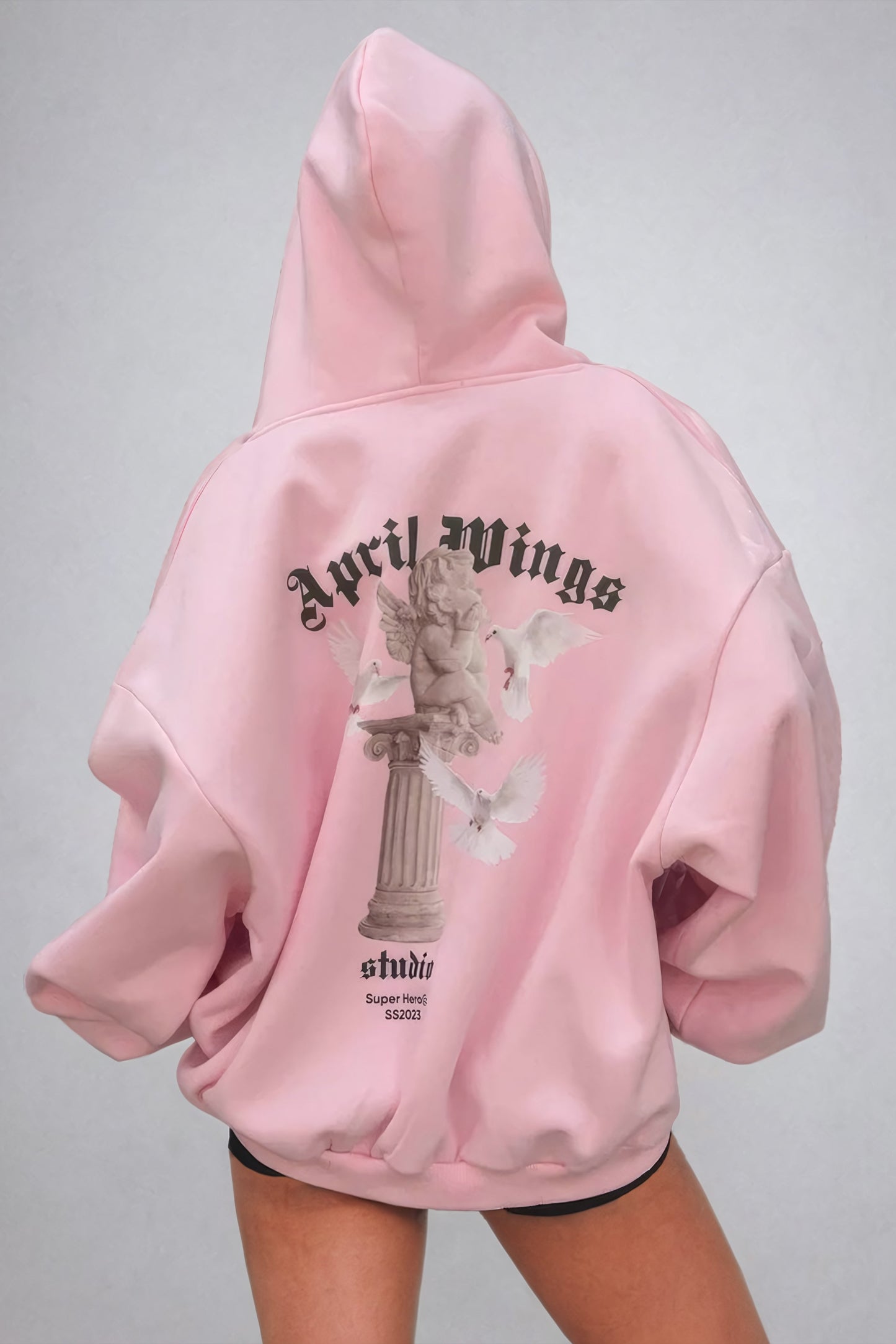 Oversized Hooded Jacket with Angelic Graphic Back Design - Pink