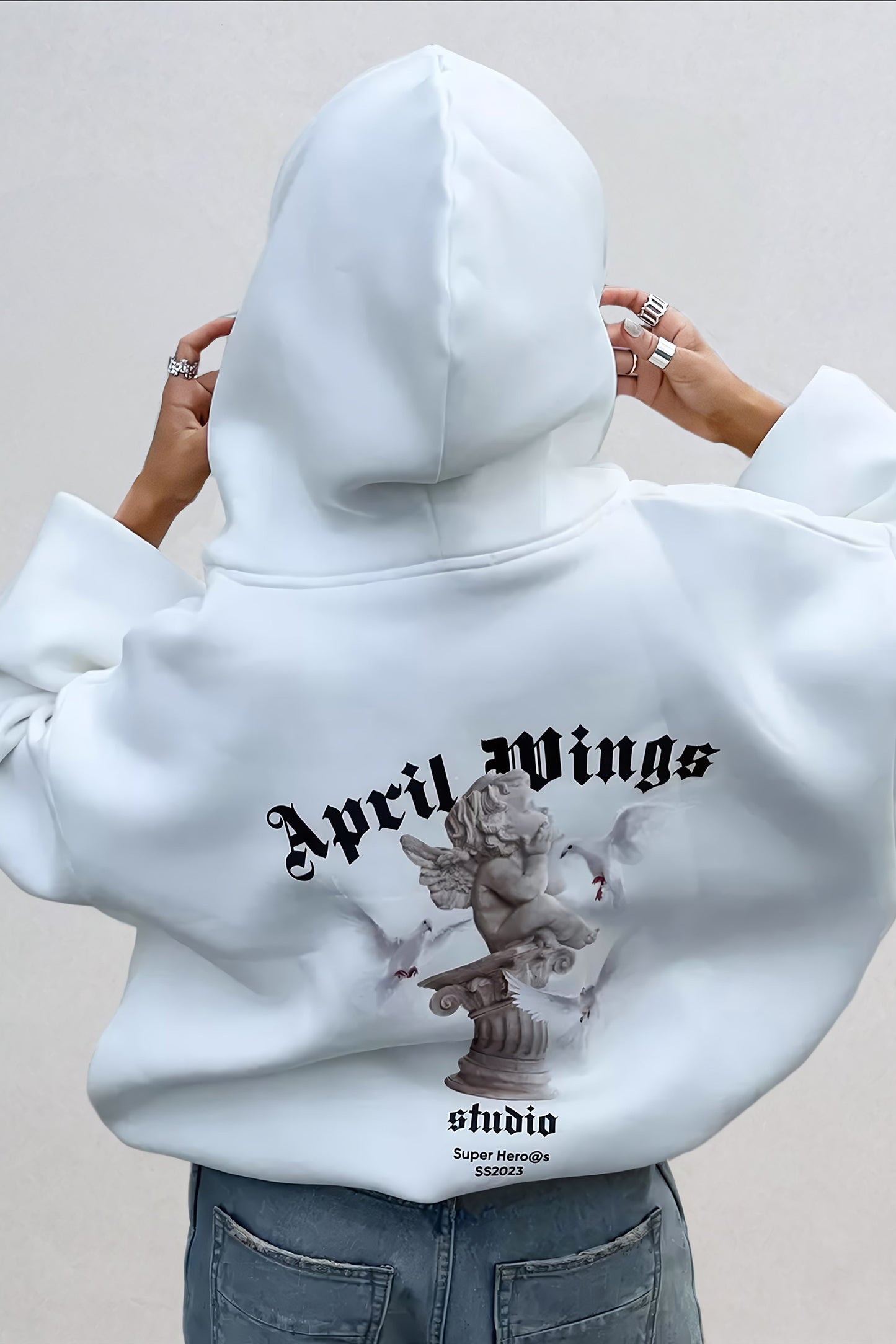 Oversized Hooded Jacket with Angelic Graphic Back Design - White