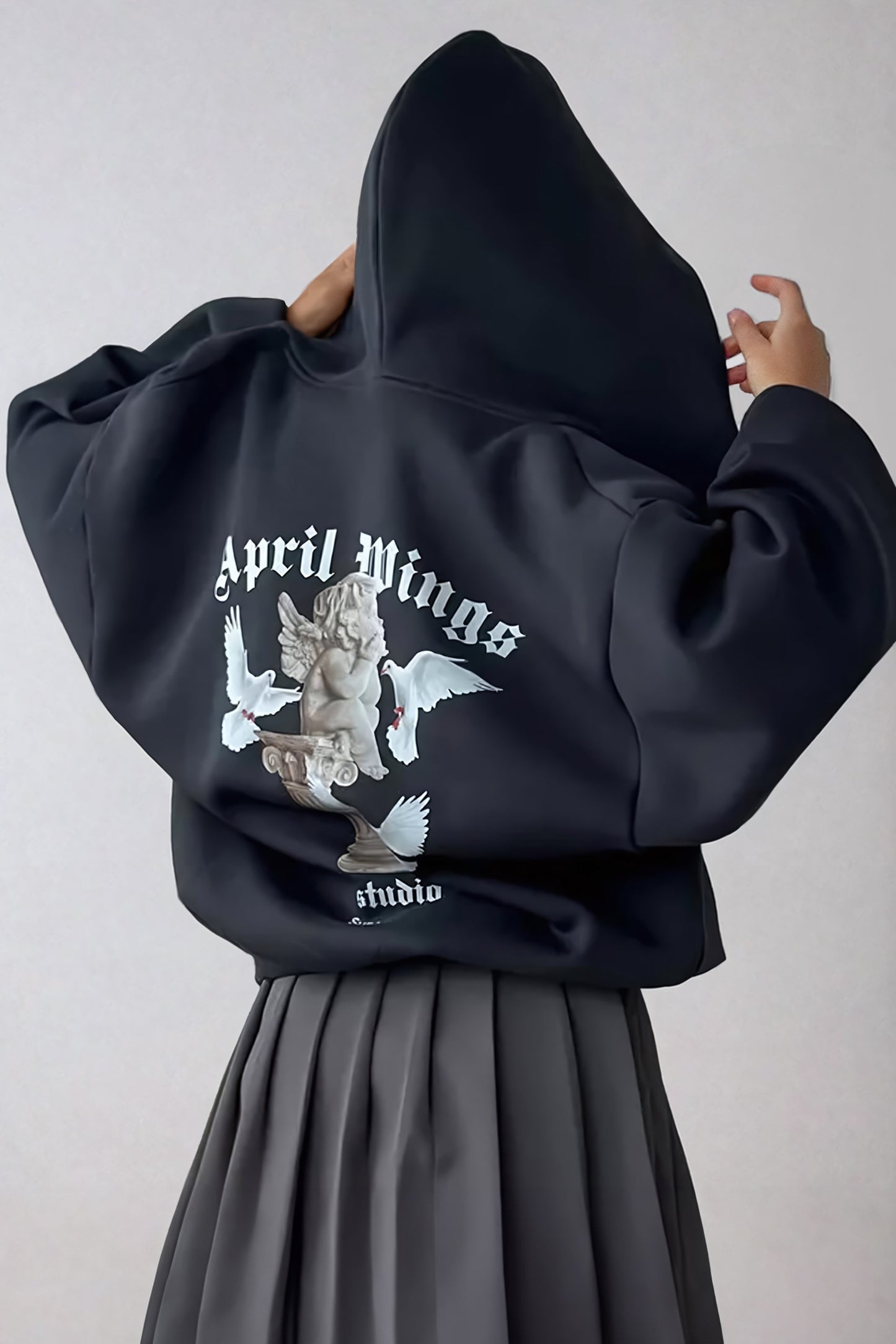 Oversized Hooded Jacket with Angelic Graphic Back Design - Black