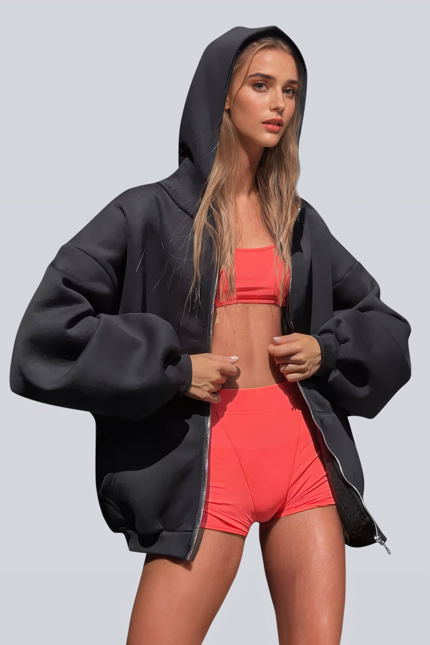 Oversized Hooded Jacket with Angelic Graphic Back Design - Black