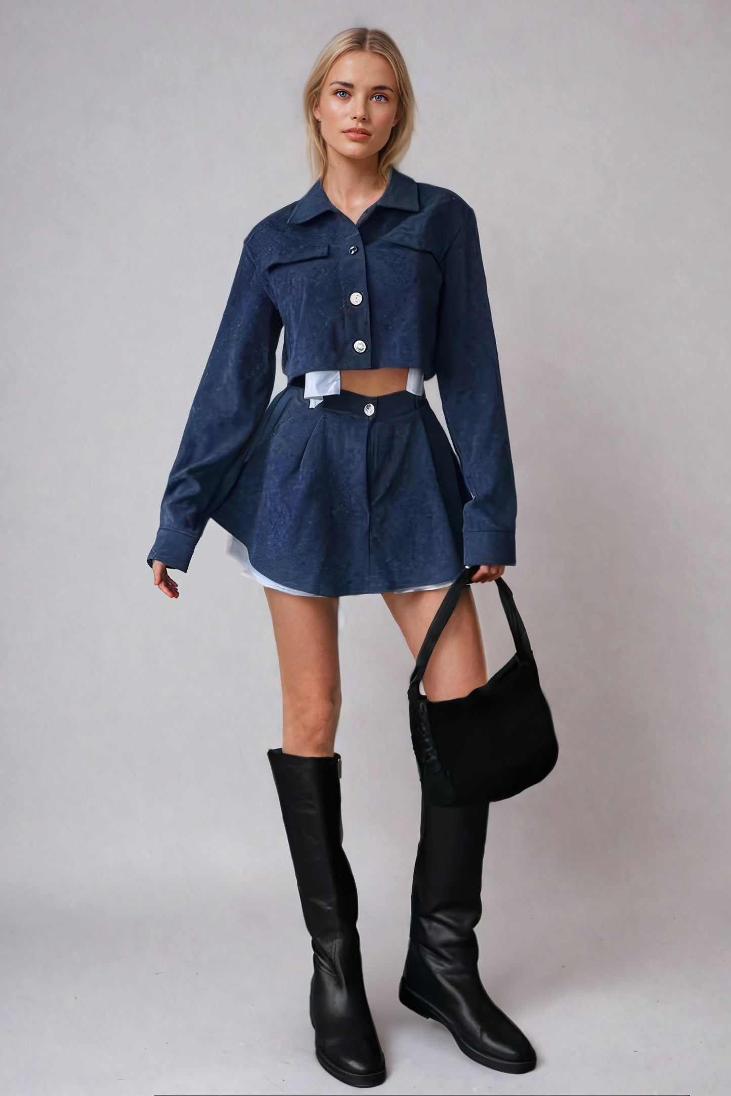 Two-Piece Set with Cropped Shirt and Layered Skirt - Blue