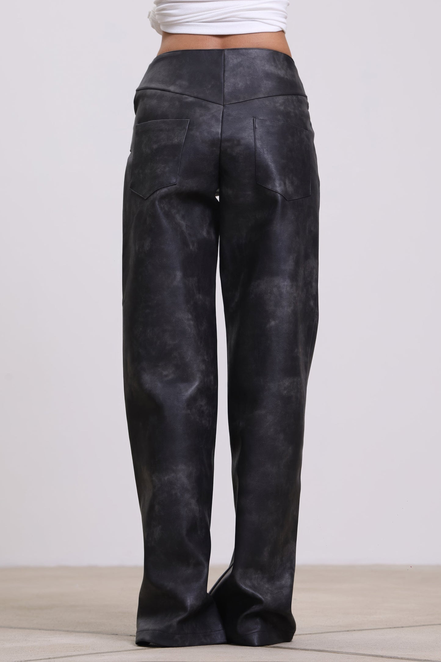 Low-Waist Leather Trousers with Belted Waist Detail - Black