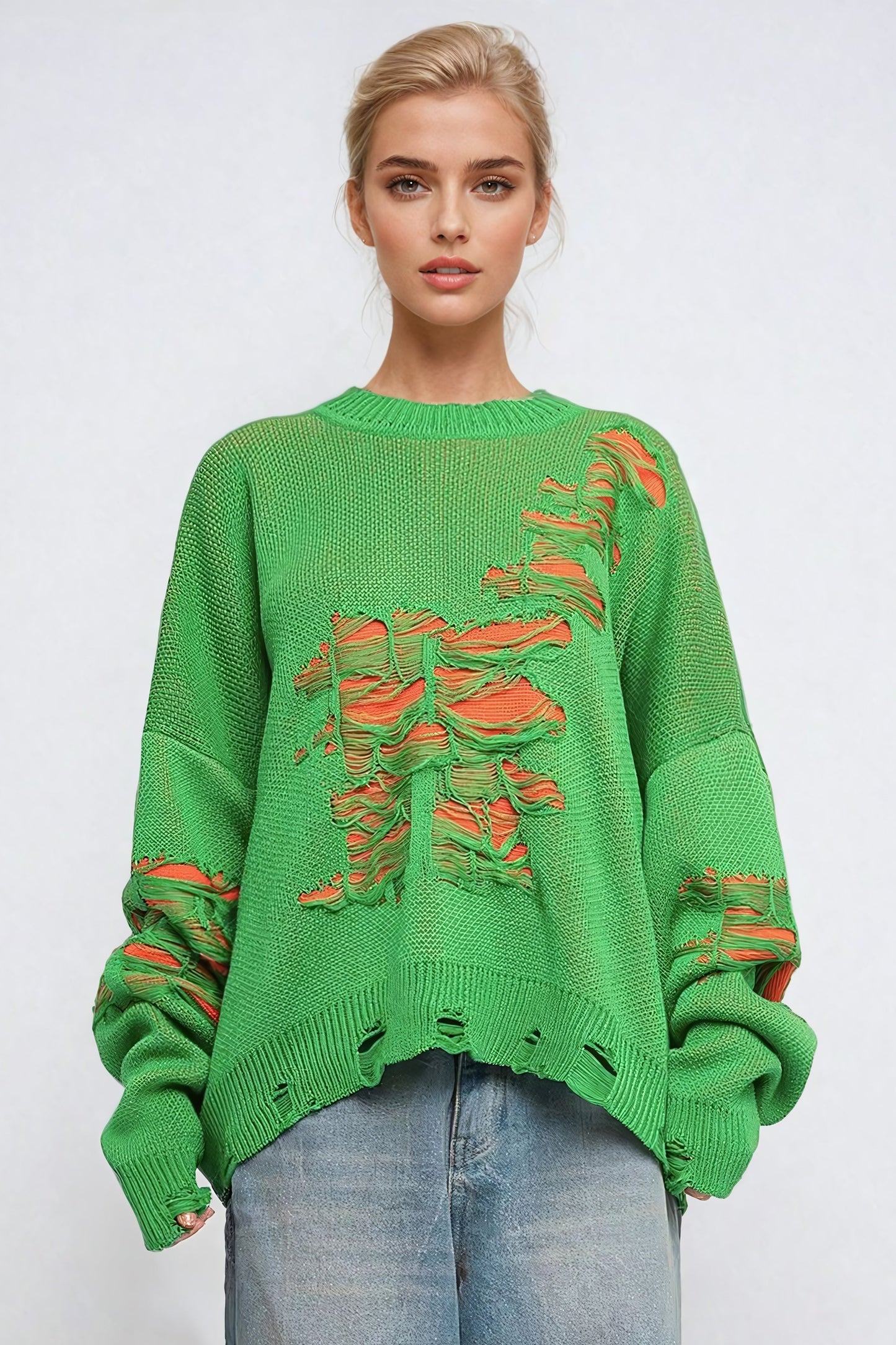 Distressed Knit Sweater with Underlay Detail - Green