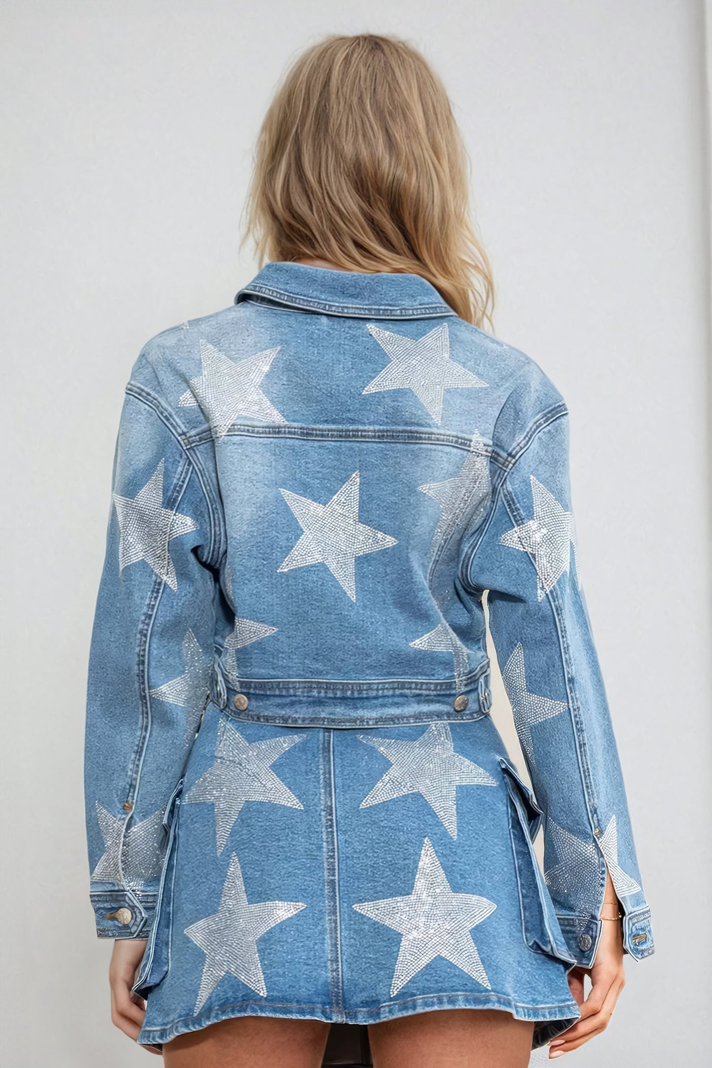 Two-Piece Set with Star Embellished Denim Jacket and Skirt - Blue