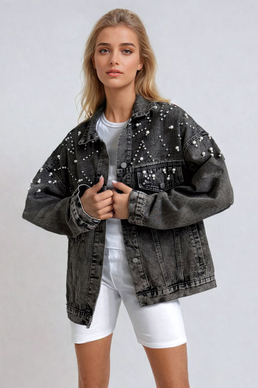 Oversized Embellished Denim Jacket - Gray