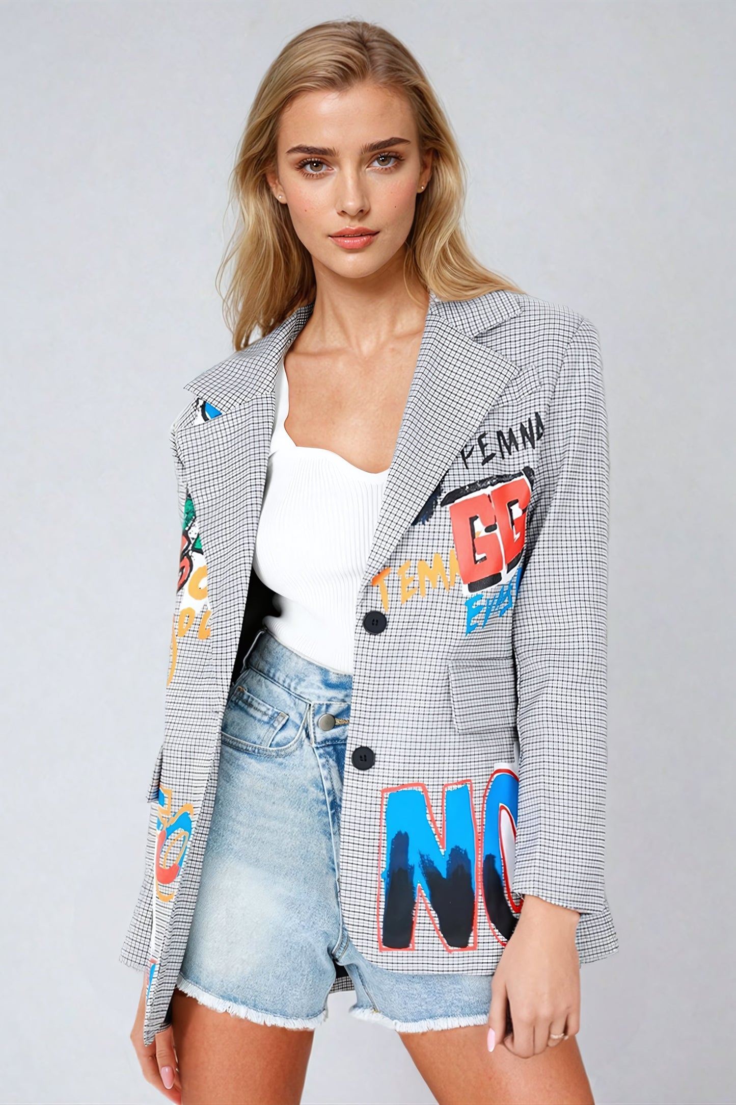 Graphic Embellished Oversized Blazer - Gray