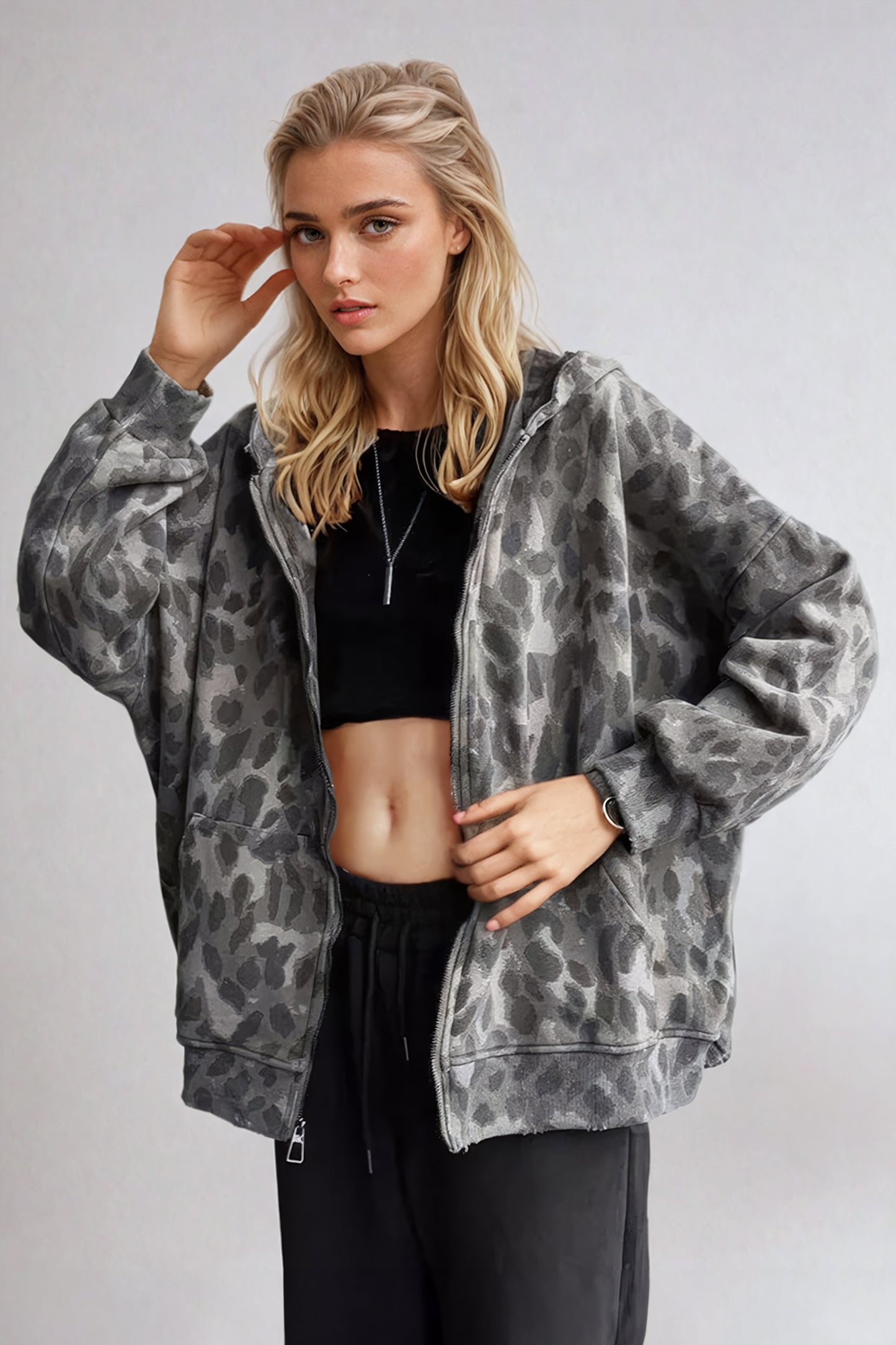 Oversized Leopard Print Hoodie Jacket - Gray