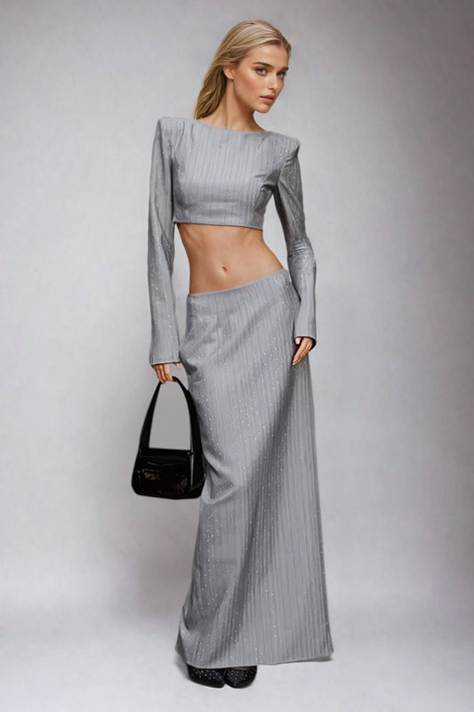 Two-Piece Set with Diamond-Embellished Cropped Top and Maxi Skirt - Gray