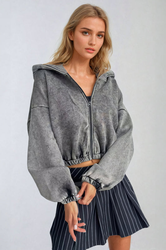 Cropped Hooded Zip-Up Jacket - Dark Gray