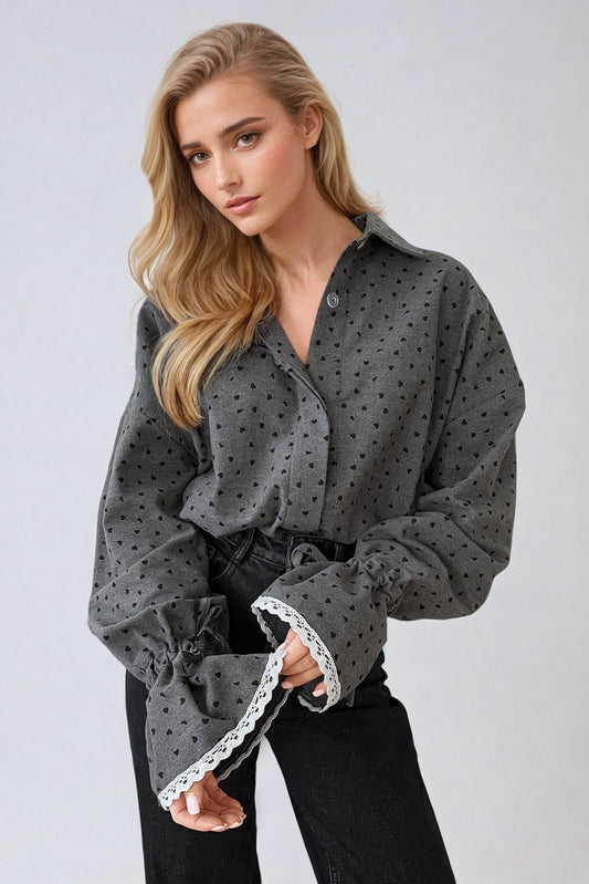 Heart Print Button-Up Shirt with Flared Lace Cuffs - Gray