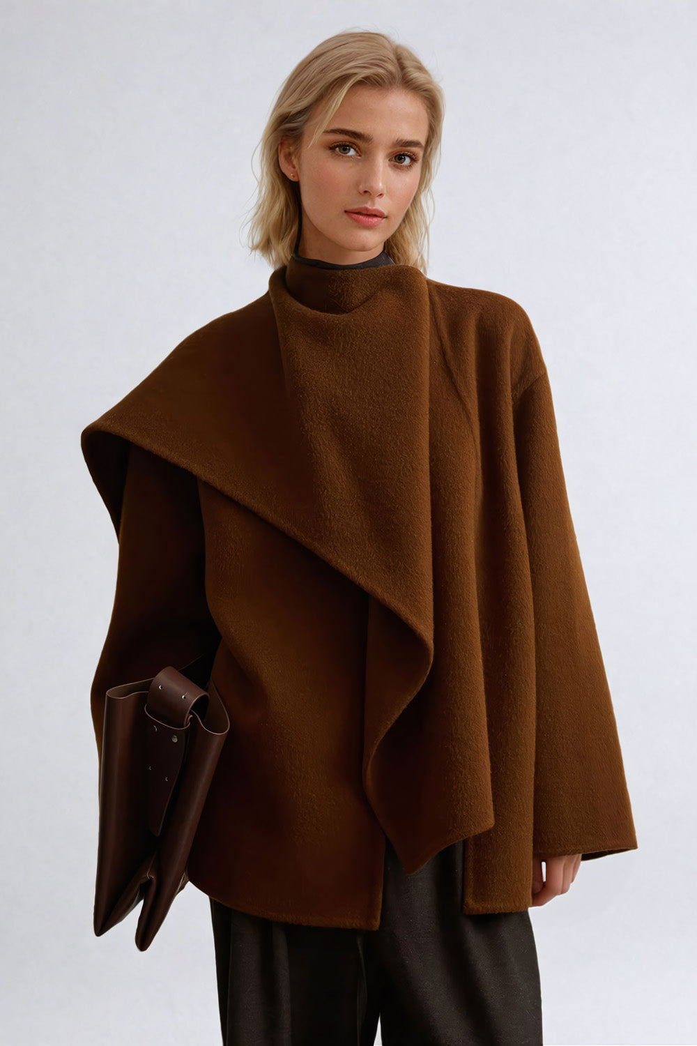 Asymmetrical Drape Coat with High Neckline - Brown