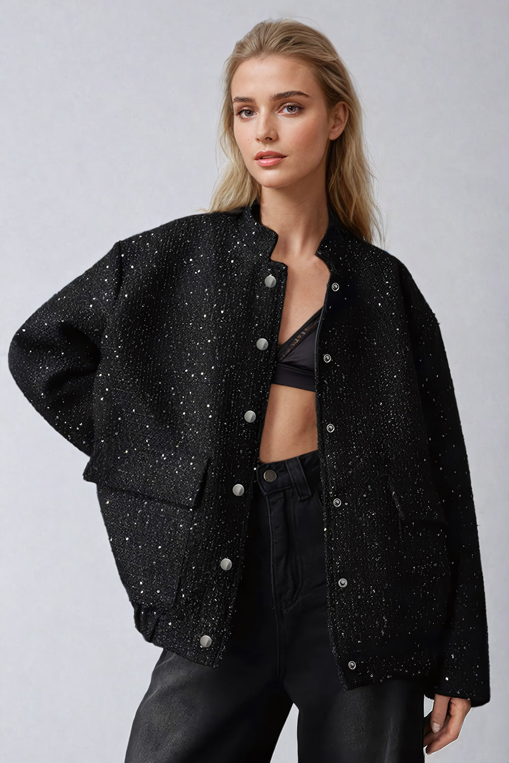 Shimmering Sequin Jacket with Stand Collar - Black