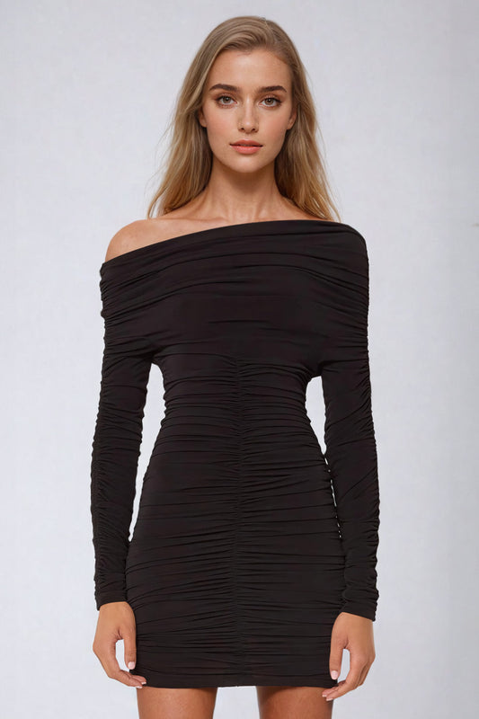 Off-the-Shoulder Ruched Bodycon Dress - Black