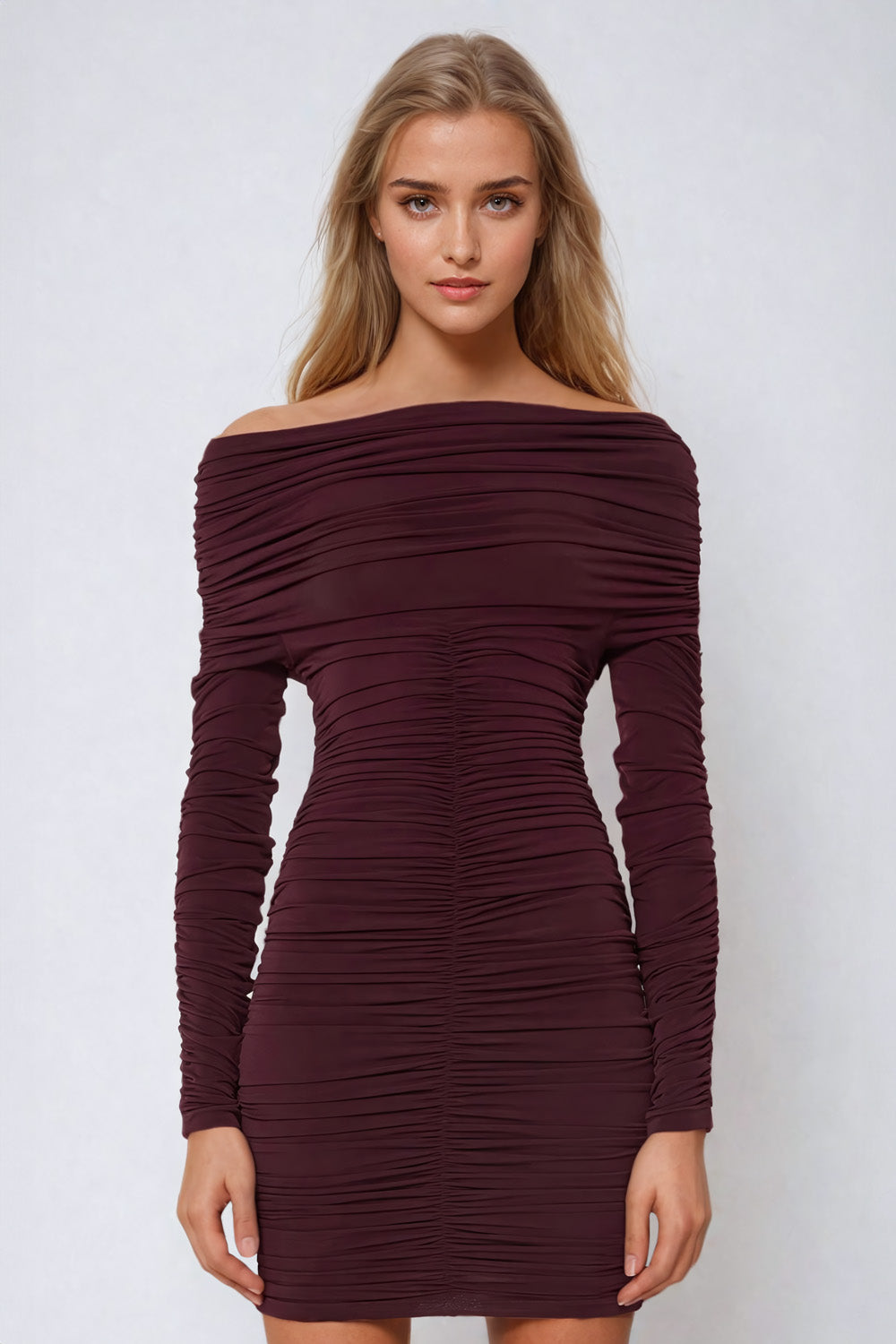 Off-the-Shoulder Ruched Bodycon Dress - Burgundy