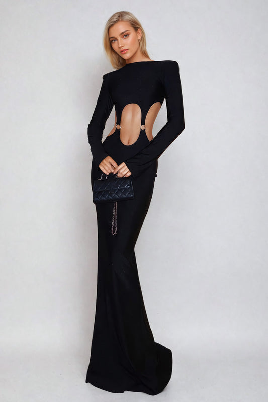 Long-Sleeve Cut-Out Bodycon Maxi Dress - Black