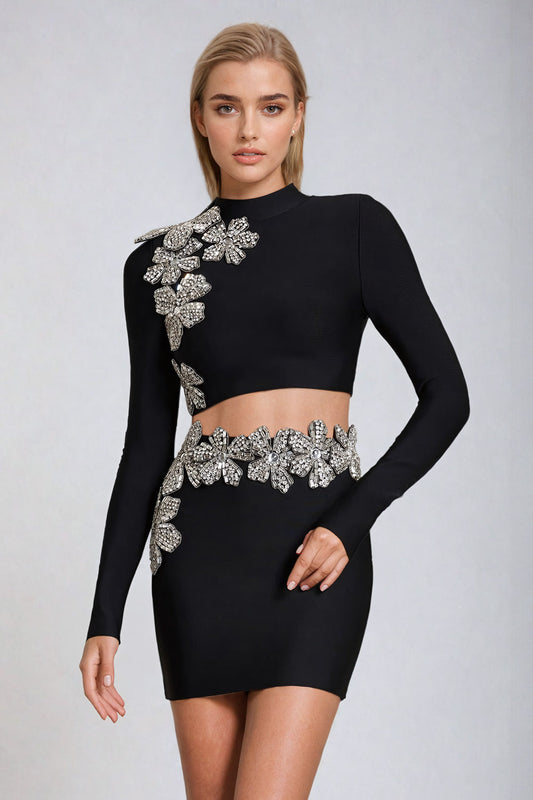 Two-Piece Set with Crystal Floral Embellished Crop Top and Skirt - Black